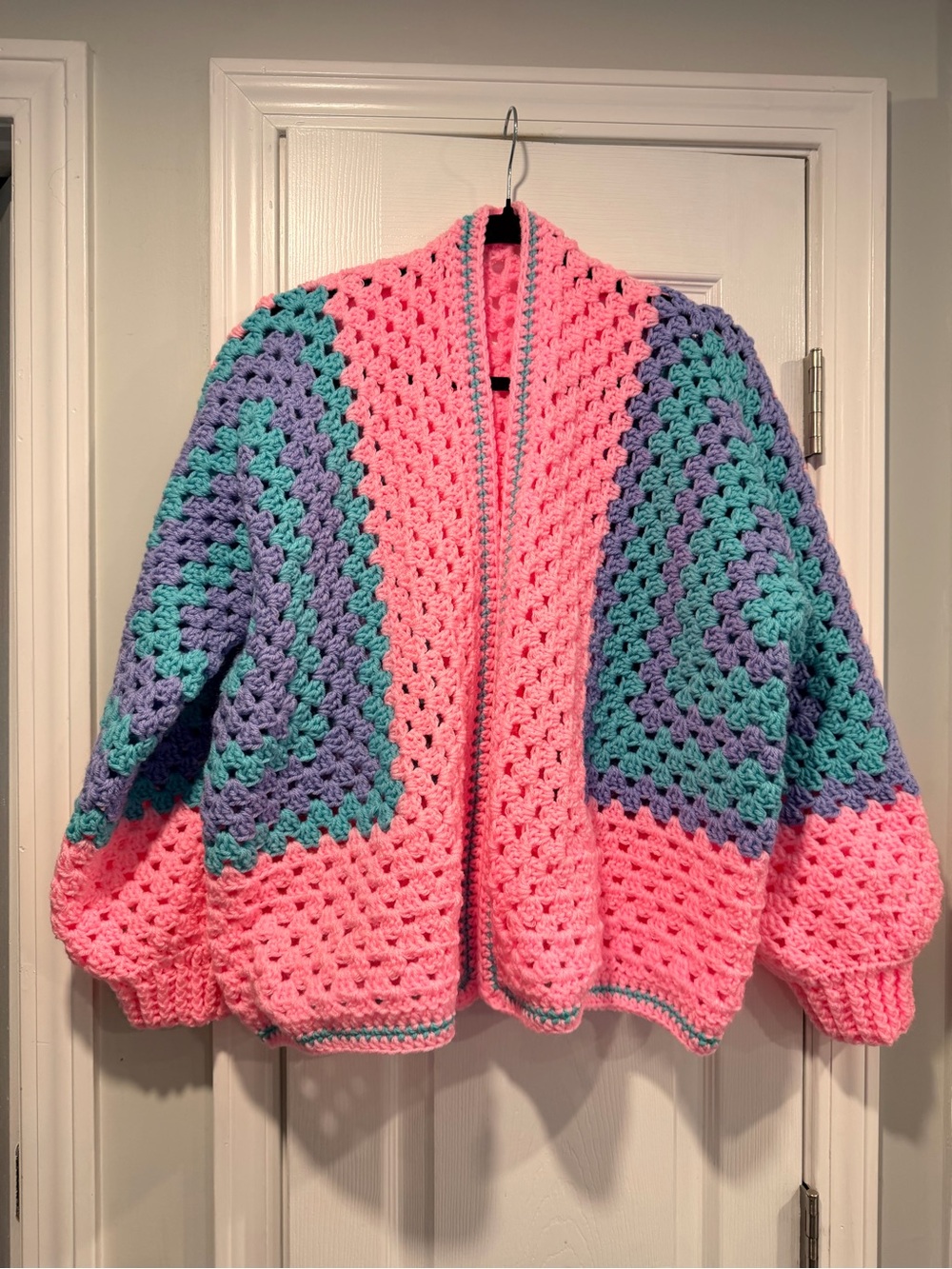 Handmade Crochet Granny Square One Size Cozy Cardigan Boho Chunky Knit Sweater